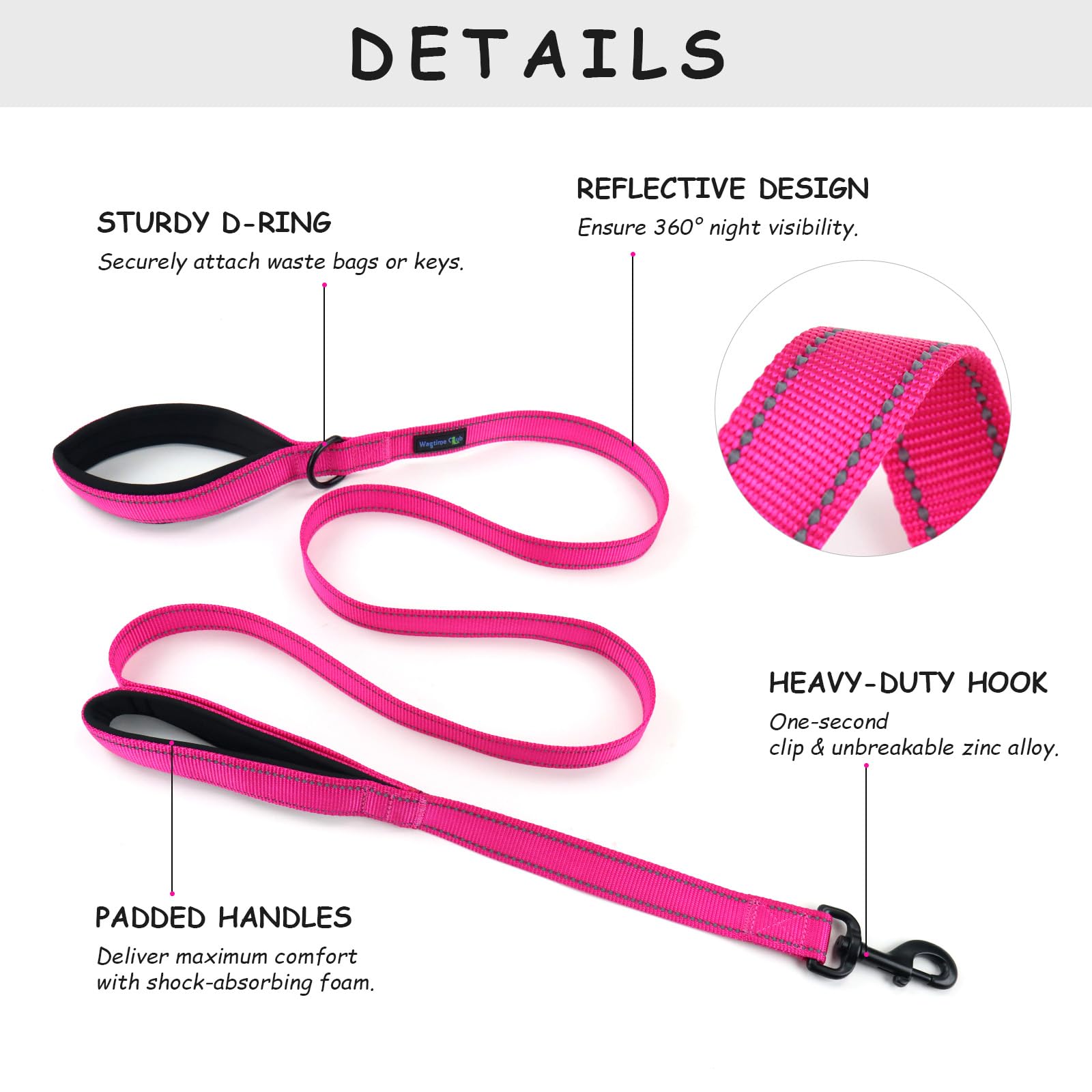 Wagtime Club Double Handle Dog Leash - 6ft Heavy Duty with Padded Traffic Handles for Extra Control - Reflective Lively Pink