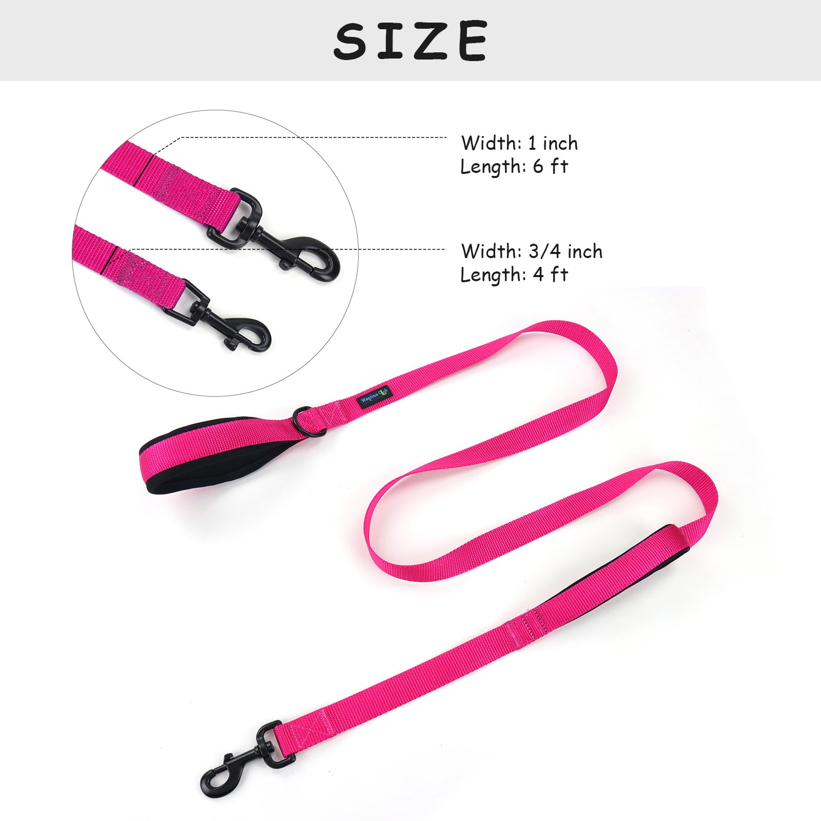 Wagtime Club Double Handle Dog Leash - 6ft Heavy Duty with Padded Traffic Handles for Extra Control - Reflective Lively Pink