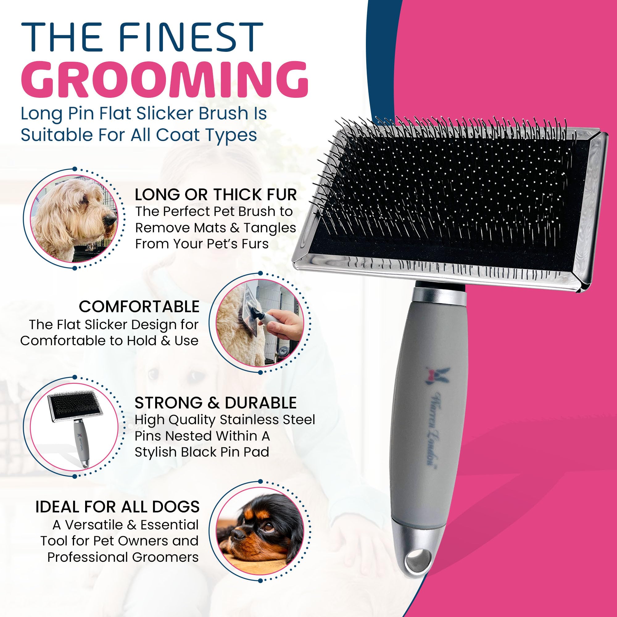 Warren London Long Pin Slicker Brush – Gentle Detangling for Dogs with Thick Coats