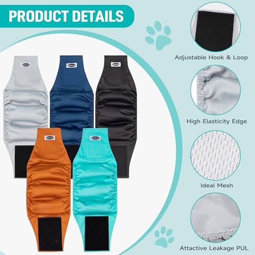 Washable Reusable Male Dog Diapers – High Absorbency Belly Bands for Dogs (5 Pack, Medium, Solid Colors)