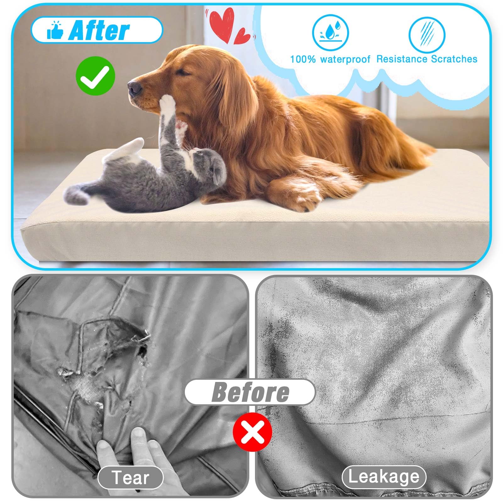 Waterproof Dog Bed Cover Replacement 2 Pack - Washable Noiseless Pet Bed Sheet 30x20 Beige