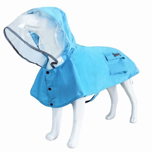 Waterproof Dog Rain Poncho with Hood & Reflective Stripes – MAMORE Adjustable Raincoat for Small Dogs (Blue, Size Small)