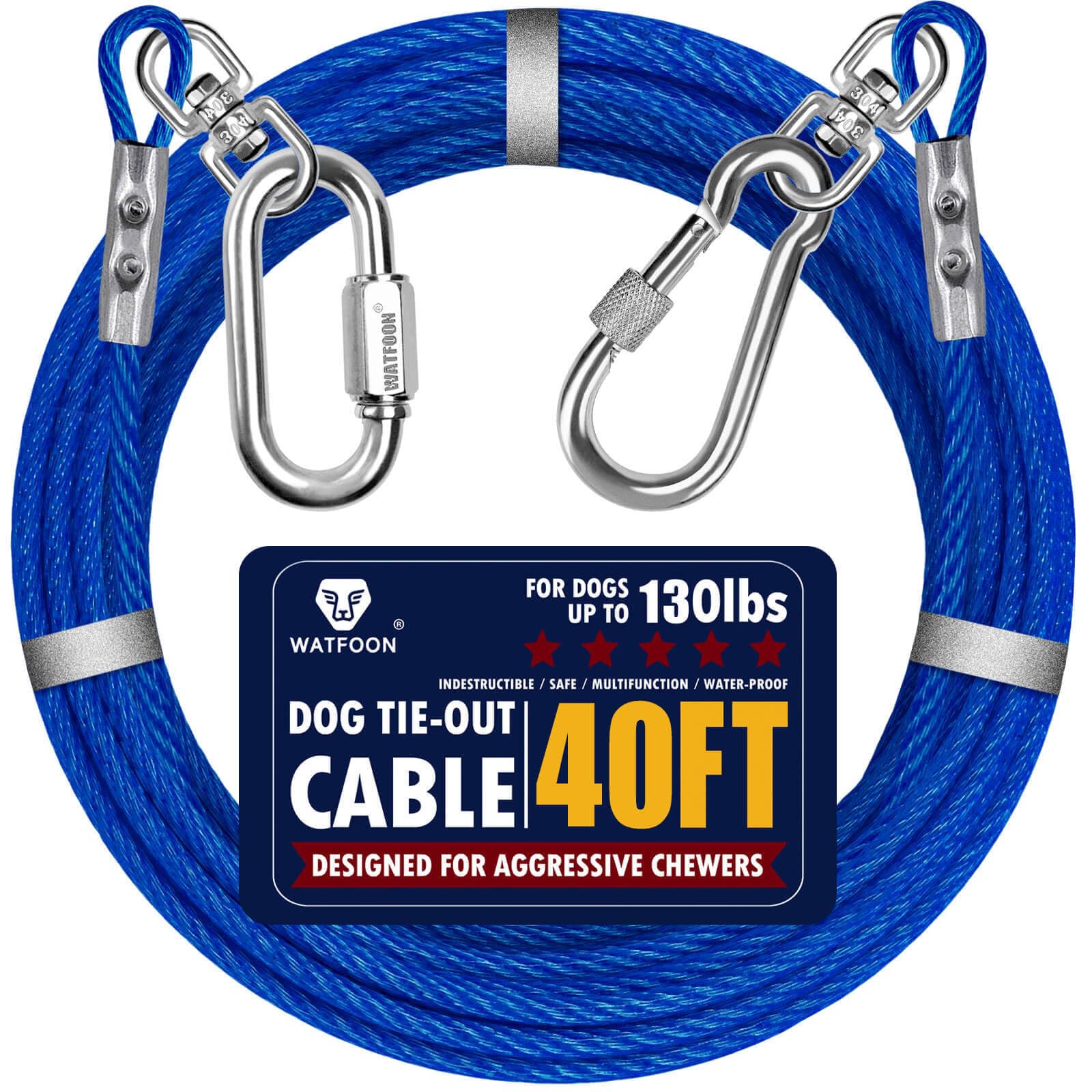 WATFOON 40ft Dog Tie Out Cable - Heavy Duty Steel Wire Tether for Dogs Up to 130 lbs - Blue