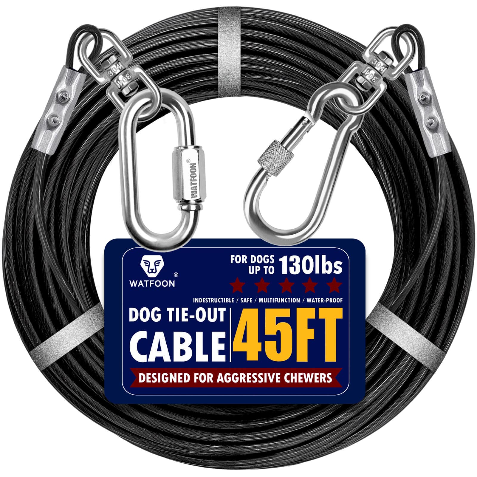 WATFOON 45ft Dog Tie Out Cable for Yard - Heavy Duty Steel Wire Tether with Reflective Coating for Dogs Up to 130 lbs