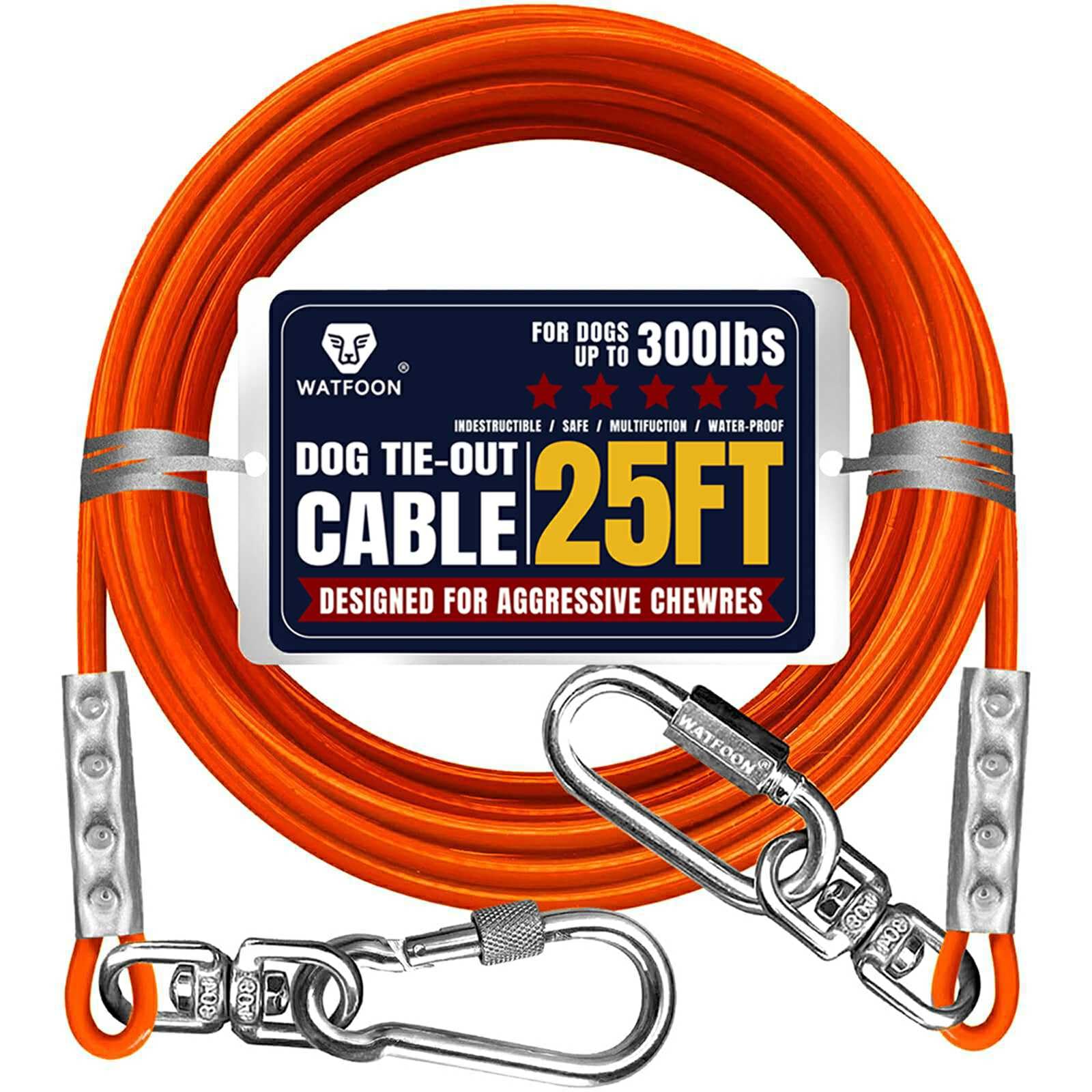 WATFOON Heavy Duty Tie Out Cable for Dogs Up to 300 lbs - 25 ft Orange, 1000 lbs Break Strength