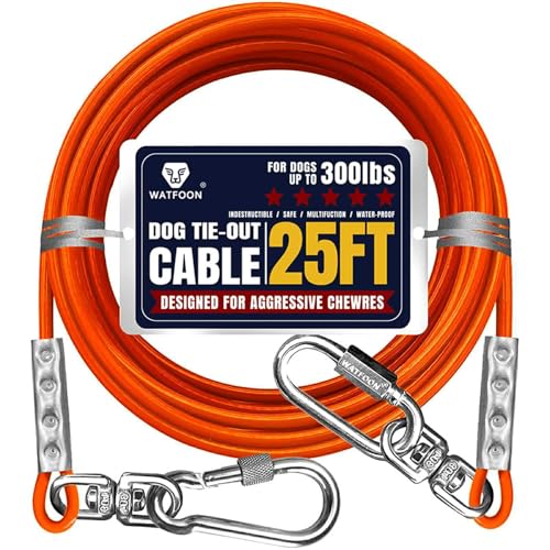 WATFOON Heavy Duty Tie Out Cable for Dogs Up to 300 lbs - 25 ft Orange, 1000 lbs Break Strength