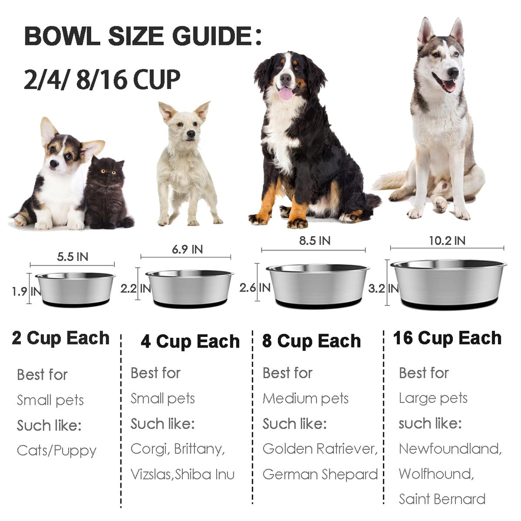 WEDAWN Stainless Steel Pet Bowls 2-Pack – 8-Cup Capacity, Non-Slip Rubber Bottom, Dishwasher Safe for Dogs and Cats