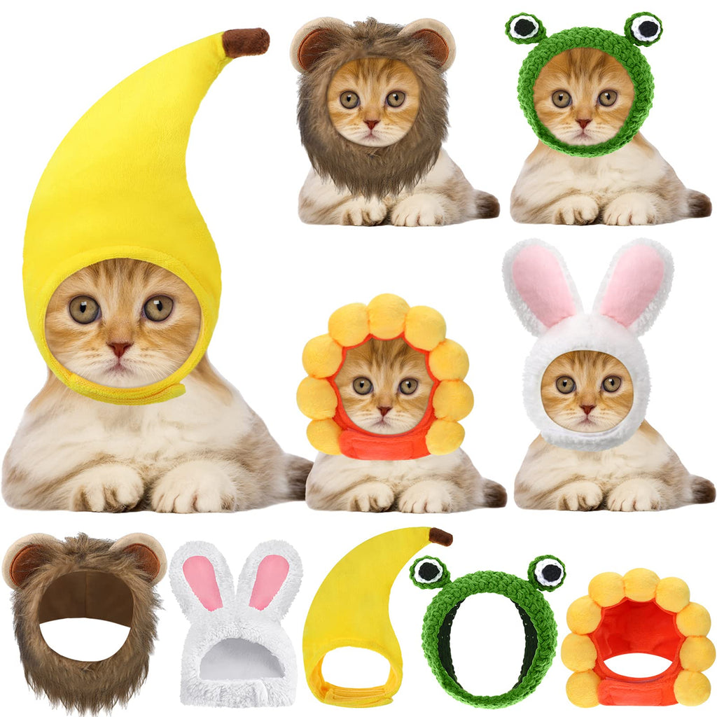 Weewooday 5-Piece Pet Hat Set: Cat & Small Dog Costume Hats (Bunny, Frog, Lion, Sunflower, Banana)