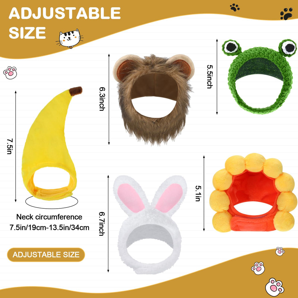 Weewooday 5-Piece Pet Hat Set: Cat & Small Dog Costume Hats (Bunny, Frog, Lion, Sunflower, Banana)