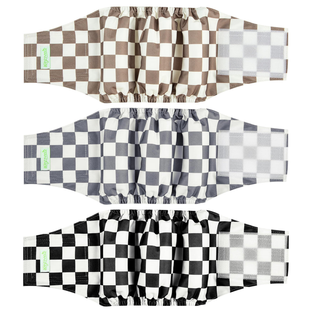 wegreeco Washable Male Dog Belly Band, Pack of 3, Large, Checkerboard Pattern (Black/Grey/Dark Coffee)