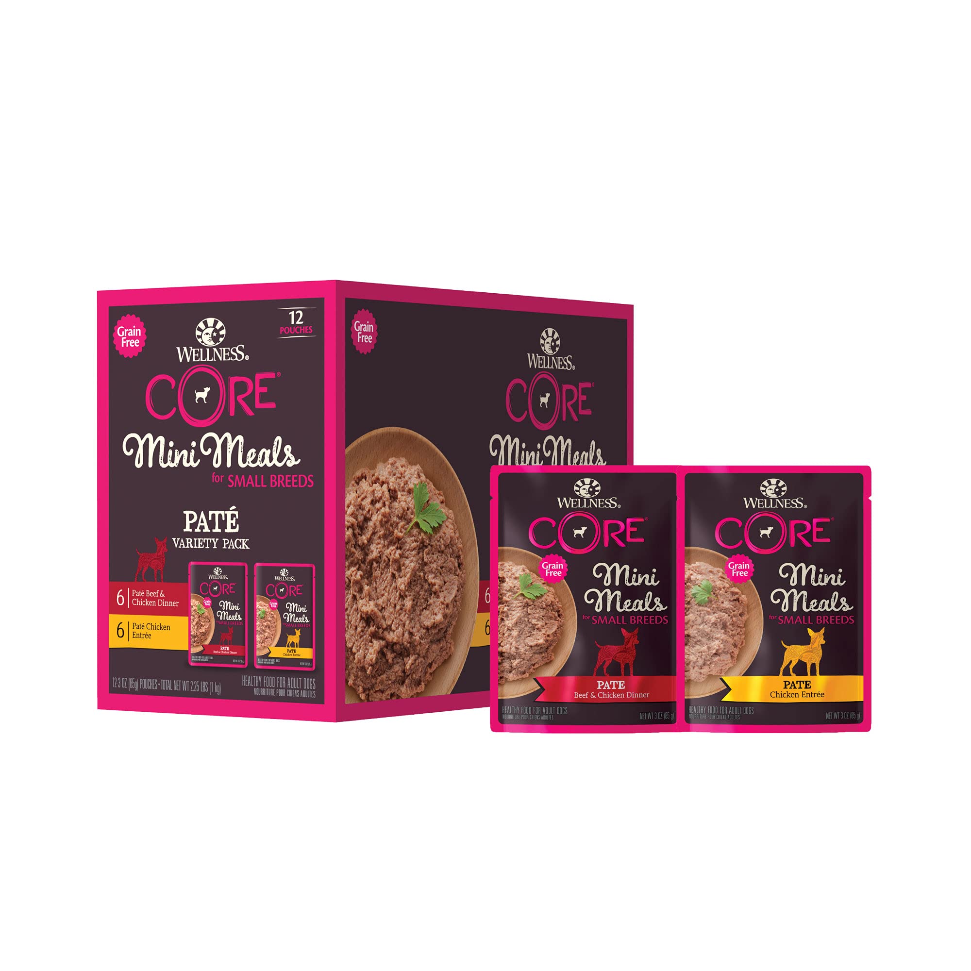 Wellness CORE Small Breed Mini Meals Pate Variety Pack – Grain-Free Wet Dog Food for Adult Dogs, 12 Pack