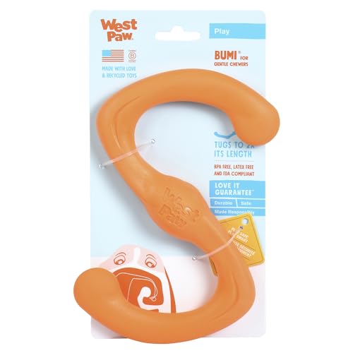 West Paw Zogoflex Bumi Dog Toy – S-Shaped Tug and Fetch Toy for Interactive Play, Small 8-inch Tangerine