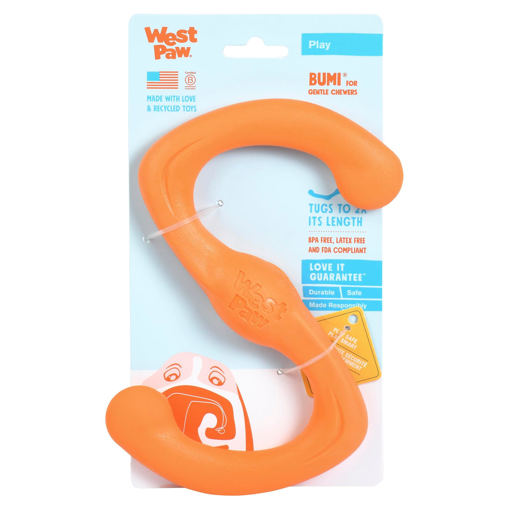 West Paw Zogoflex Bumi Dog Toy – S-Shaped Tug and Fetch Toy for Interactive Play, Small 8-inch Tangerine