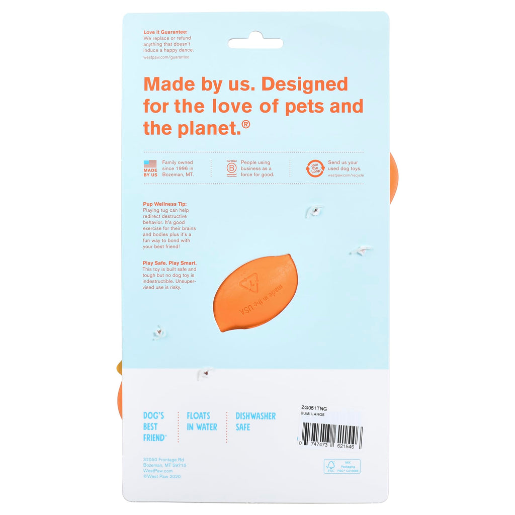 West Paw Zogoflex Bumi Dog Tug Toy – Large 9.5" Tangerine, S-Shaped, Latex-Free, Gentle Chewer