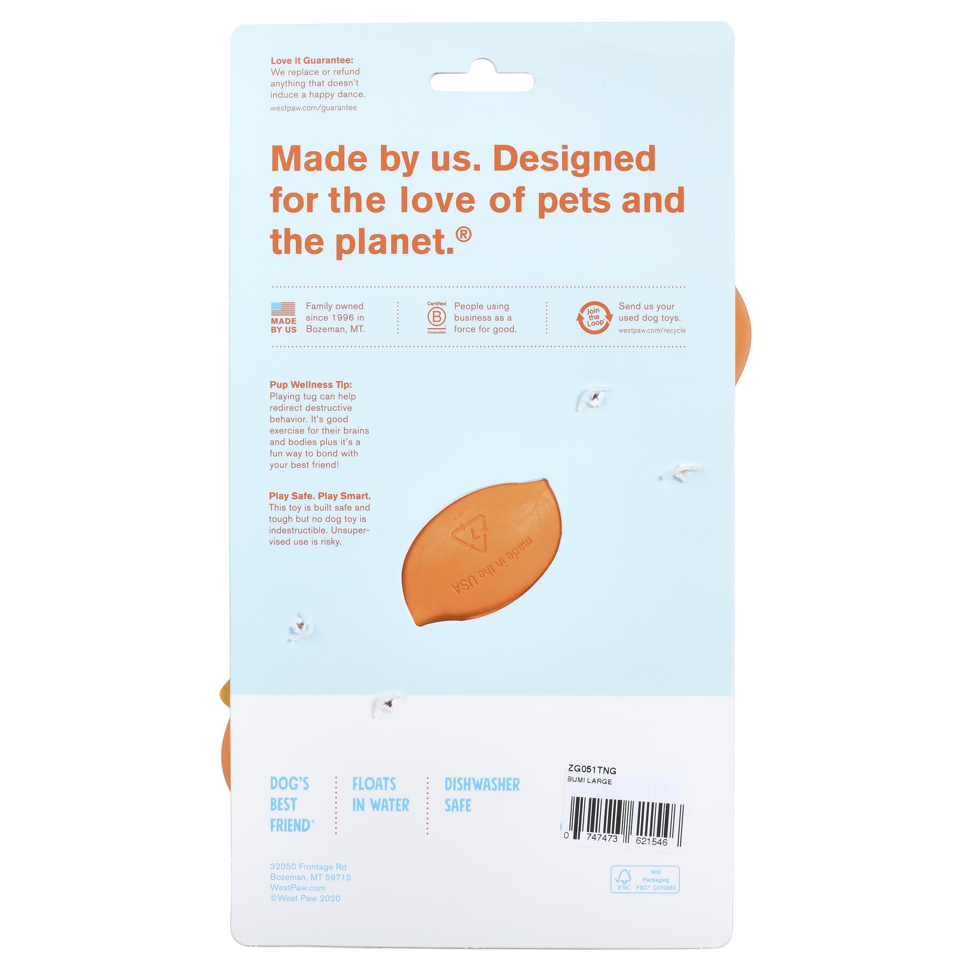 West Paw Zogoflex Bumi Dog Tug Toy – Large 9.5" Tangerine, S-Shaped, Latex-Free, Gentle Chewer