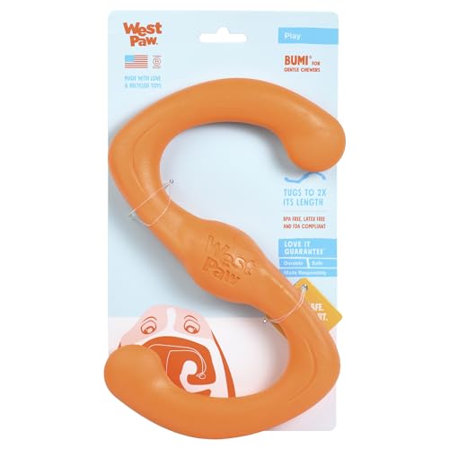 West Paw Zogoflex Bumi Dog Tug Toy – Large 9.5" Tangerine, S-Shaped, Latex-Free, Gentle Chewer