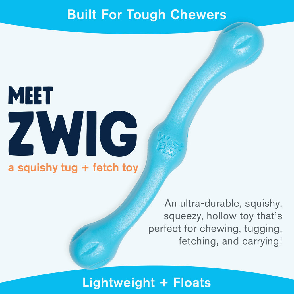 West Paw Zogoflex Echo Zwig Dog Fetching Stick – Hollow, Squishy, Floatable Fetch Toy for Large Dogs, 13.75 Inches, Aqua Blue