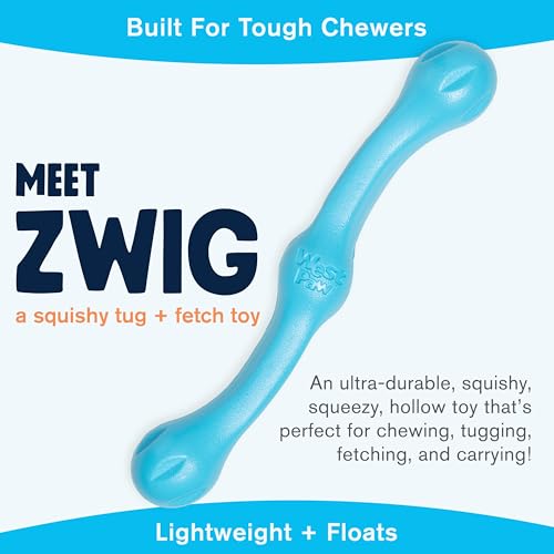 West Paw Zogoflex Echo Zwig Dog Fetching Stick – Hollow, Squishy, Floatable Fetch Toy for Large Dogs, 13.75 Inches, Aqua Blue