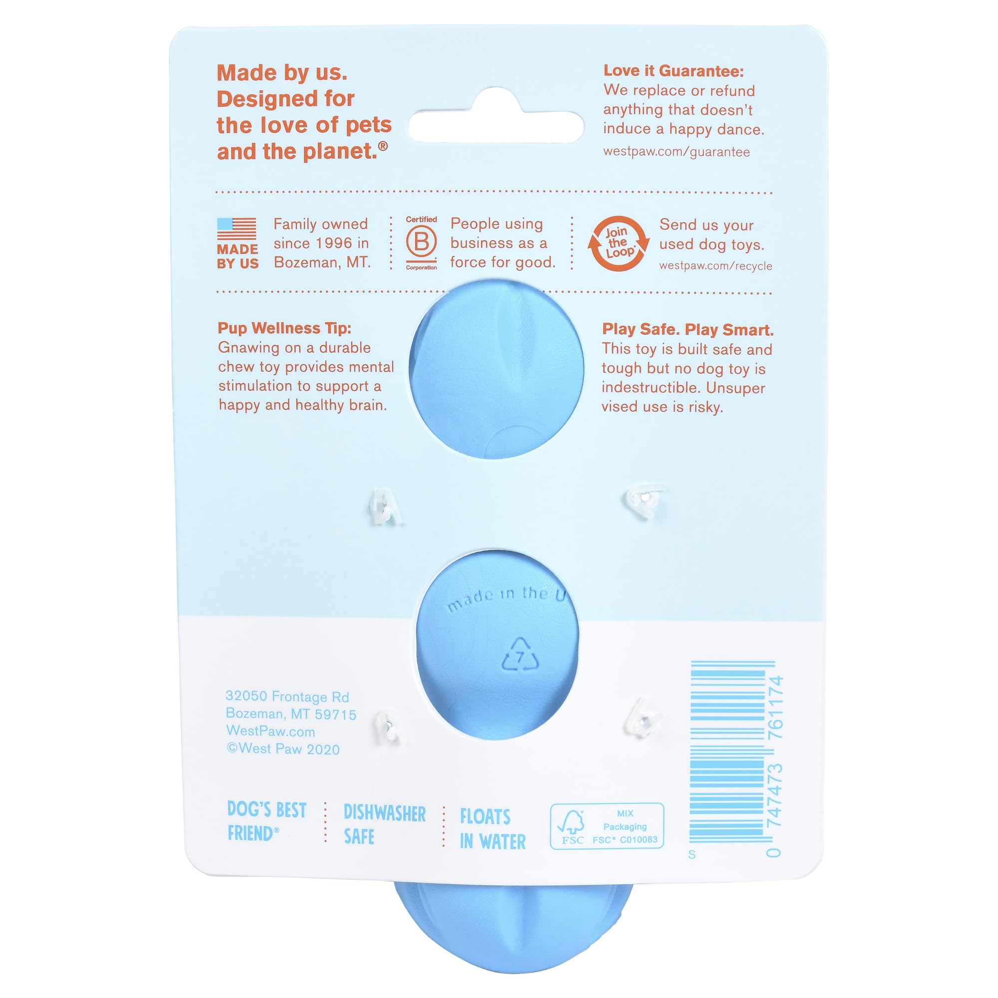 WEST PAW Zogoflex Rumpus Dog Chew Toy – Medium 6.25" Aqua Blue – Floatable, Durable Toy for Aggressive Chewers