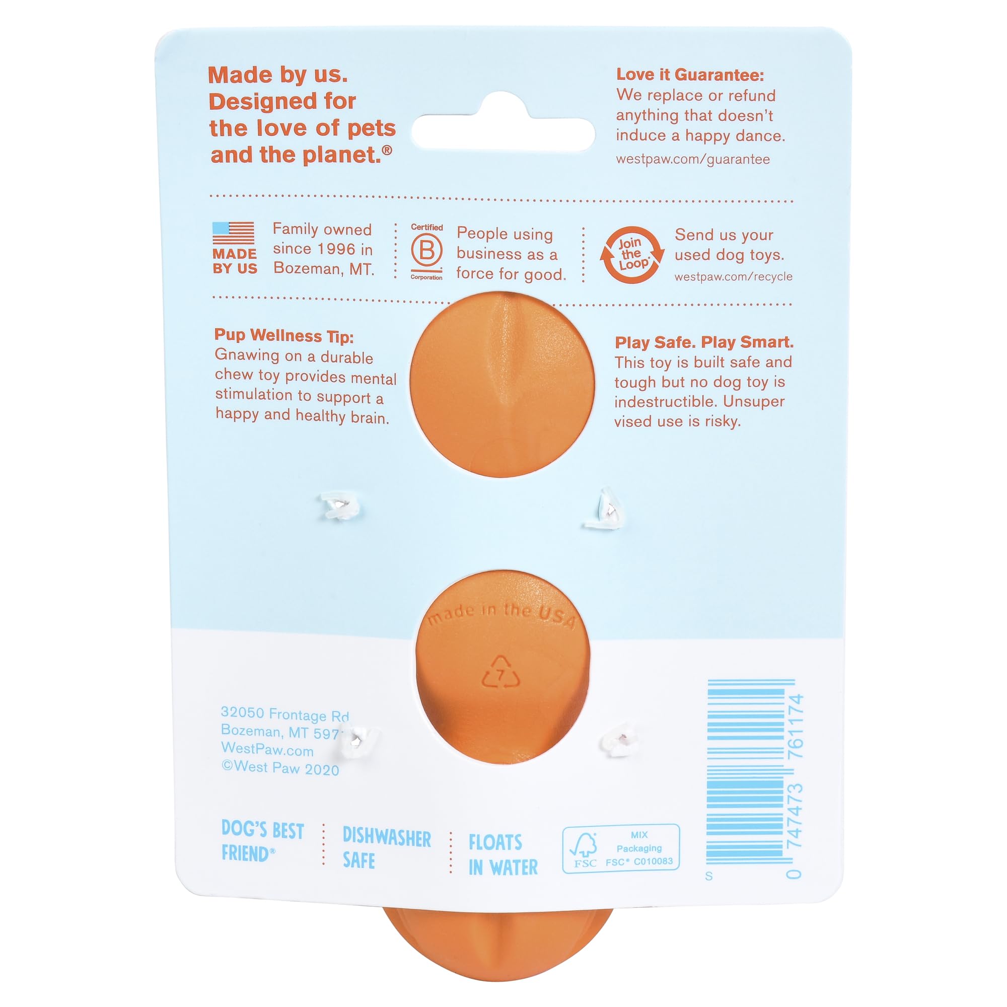 WEST PAW Zogoflex Rumpus Dog Chew Toy, Medium 6.25" Tangerine – Tough, Floatable & Recyclable