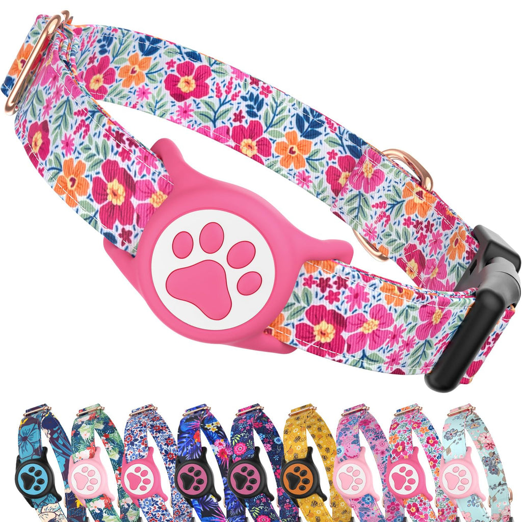 WhoseID Airtag Dog Collar Spring Fiesta - Waterproof Holder, Soft Cotton, Rose Gold Hardware, Adjustable S Small Medium Large