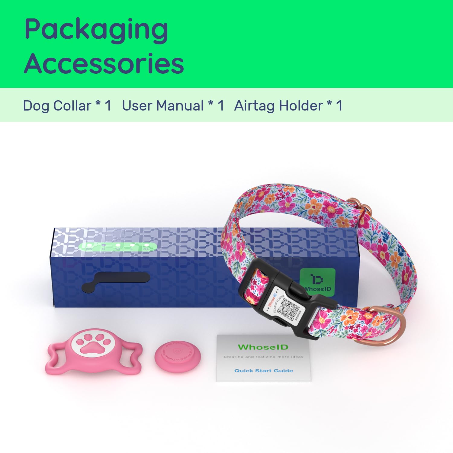 WhoseID Airtag Dog Collar Spring Fiesta - Waterproof Holder, Soft Cotton, Rose Gold Hardware, Adjustable S Small Medium Large
