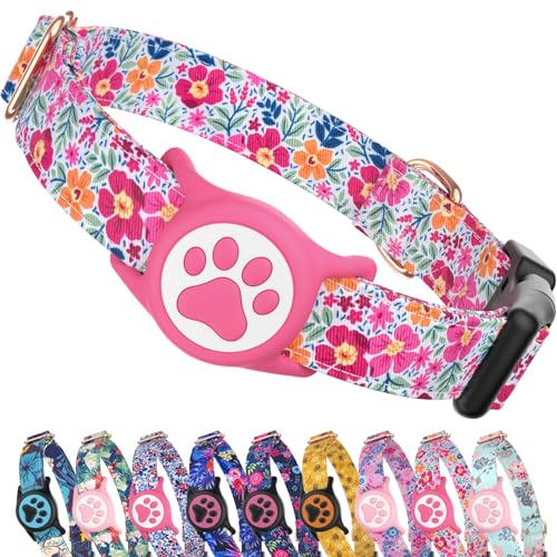 WhoseID Airtag Dog Collar Spring Fiesta - Waterproof Holder, Soft Cotton, Rose Gold Hardware, Adjustable S Small Medium Large
