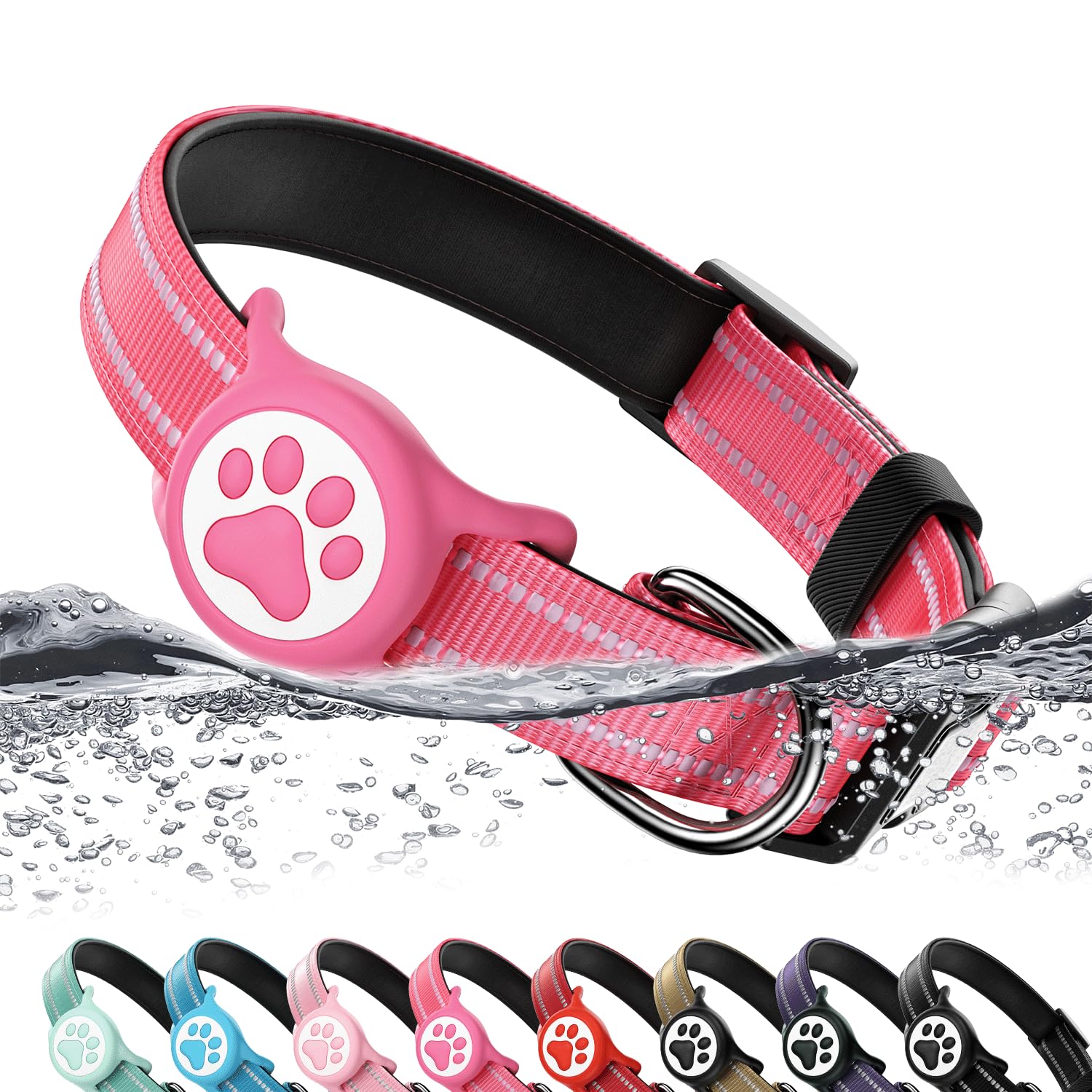 WhoseID Hot Pink Dog Collar with AirTag Holder, Reflective Nylon Padded, IP68 Waterproof, Size M - Safe and Visible