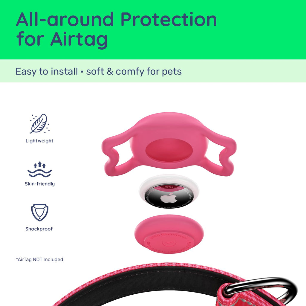 WhoseID Hot Pink Dog Collar with AirTag Holder, Reflective Nylon Padded, IP68 Waterproof, Size M - Safe and Visible