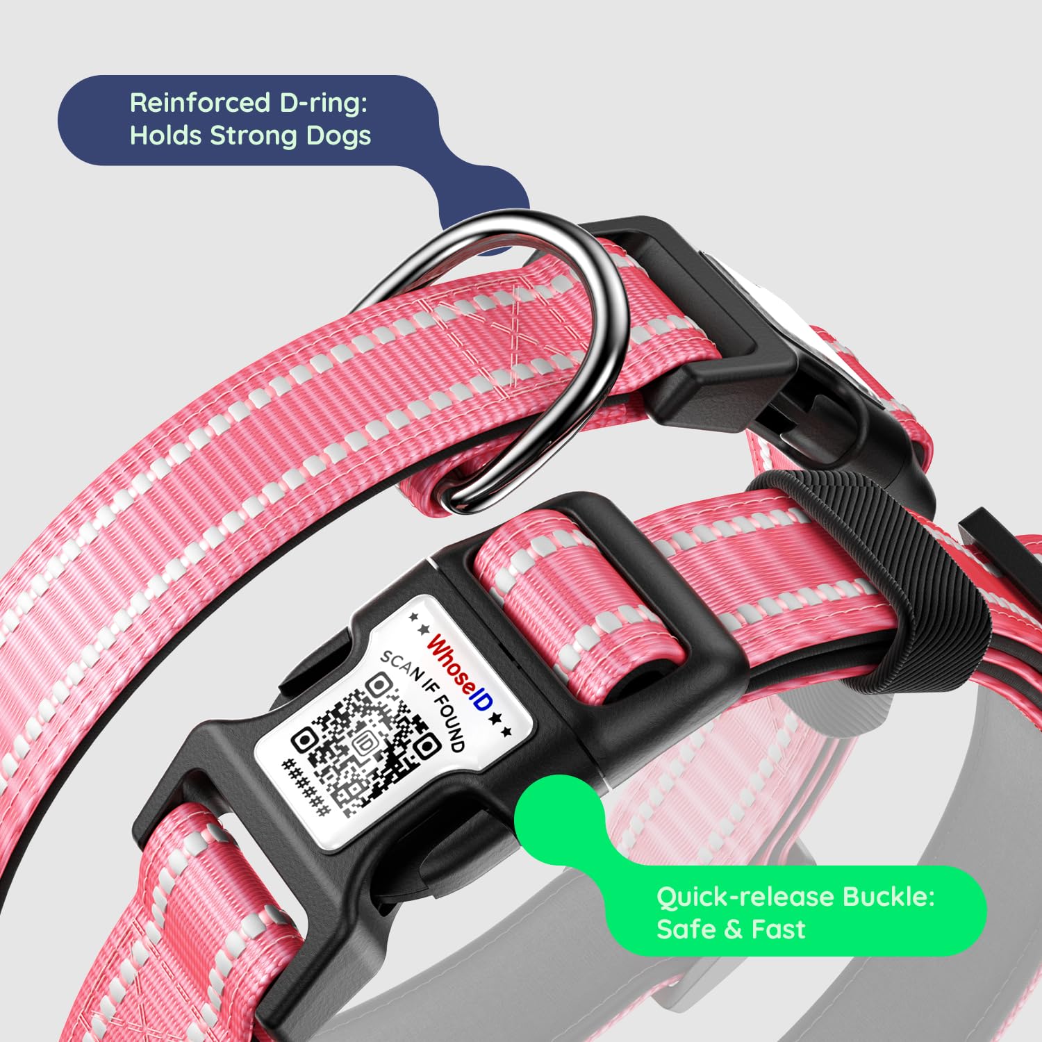 WhoseID Hot Pink Dog Collar with AirTag Holder, Reflective Nylon Padded, IP68 Waterproof, Size M - Safe and Visible