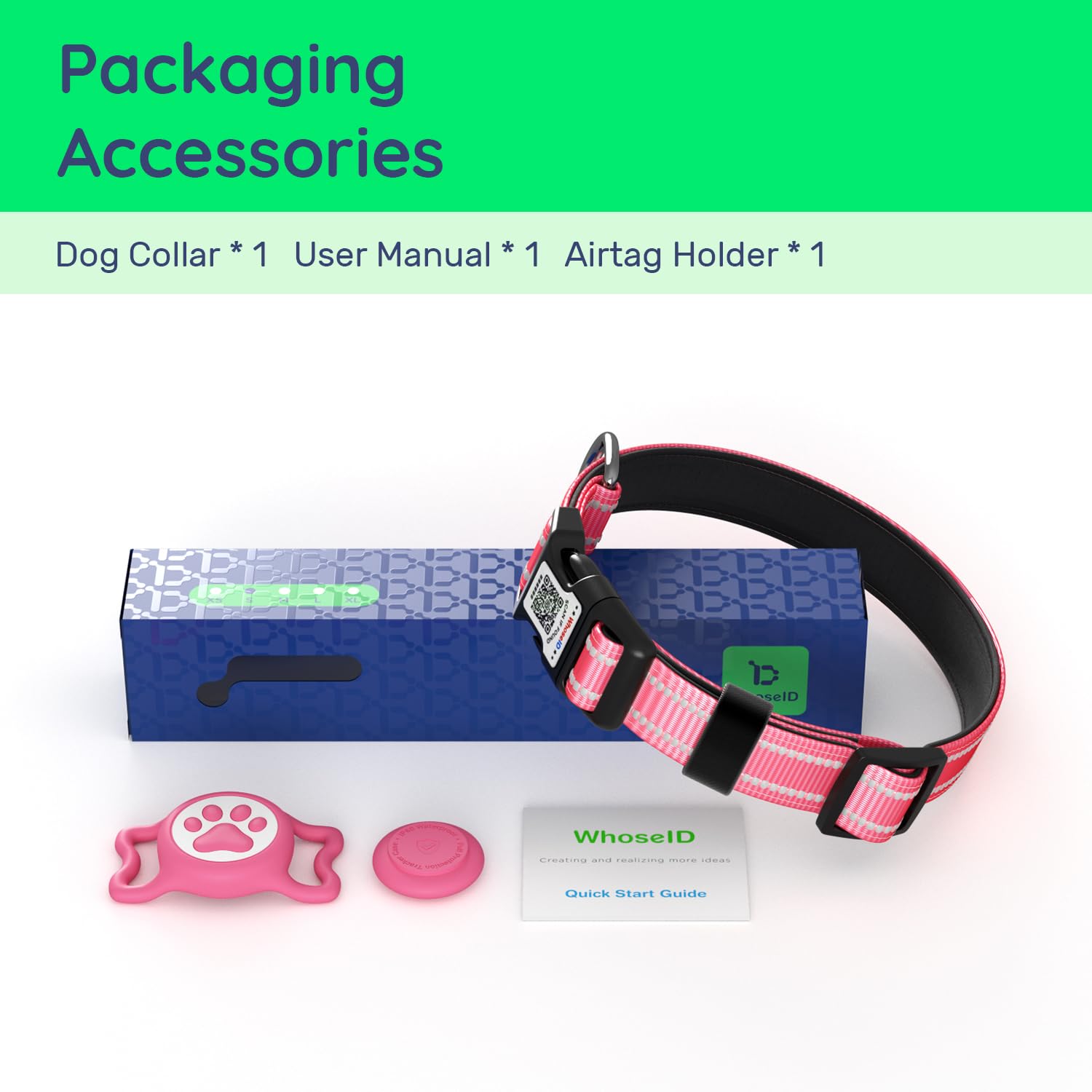 WhoseID Hot Pink Dog Collar with AirTag Holder, Reflective Nylon Padded, IP68 Waterproof, Size M - Safe and Visible