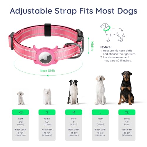 WhoseID Reflective Dog Collar with AirTag Holder - Waterproof, QR Code, Adjustable for Small to Large Dogs, Rose