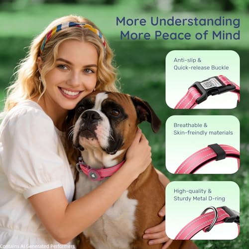 WhoseID Reflective Dog Collar with AirTag Holder - Waterproof, QR Code, Adjustable for Small to Large Dogs, Rose