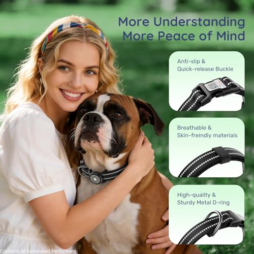 WhoseID Reflective Dog Collar with AirTag Holder - Waterproof, QR Code, Heavy Duty, Black