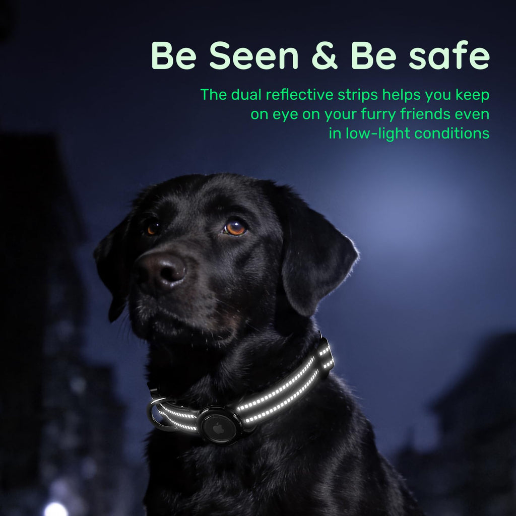 WhoseID Reflective Dog Collar with AirTag Holder - Waterproof, QR Code, Heavy Duty, Black