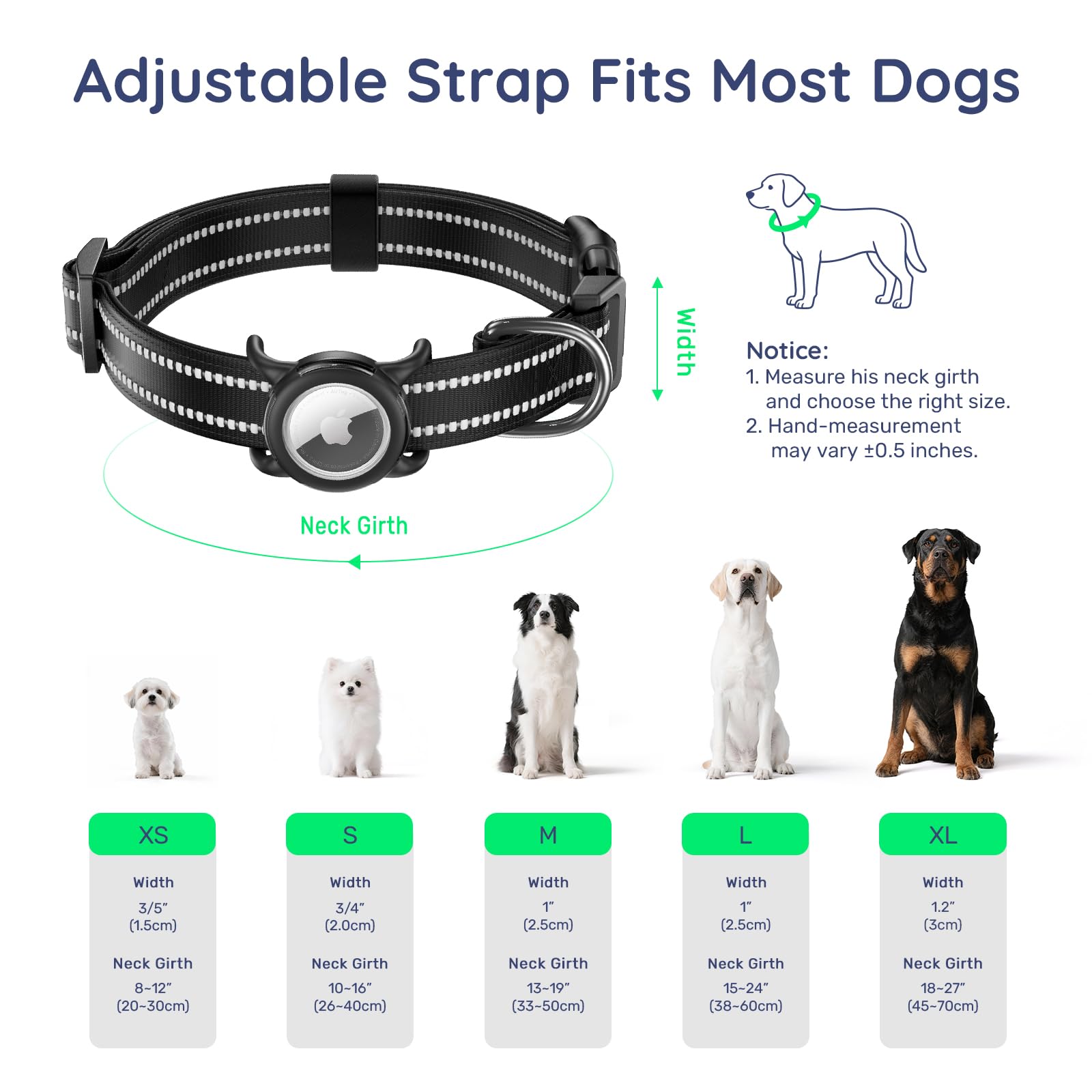 WhoseID Reflective Dog Collar with AirTag Holder - Waterproof, QR Code, Heavy Duty, Black