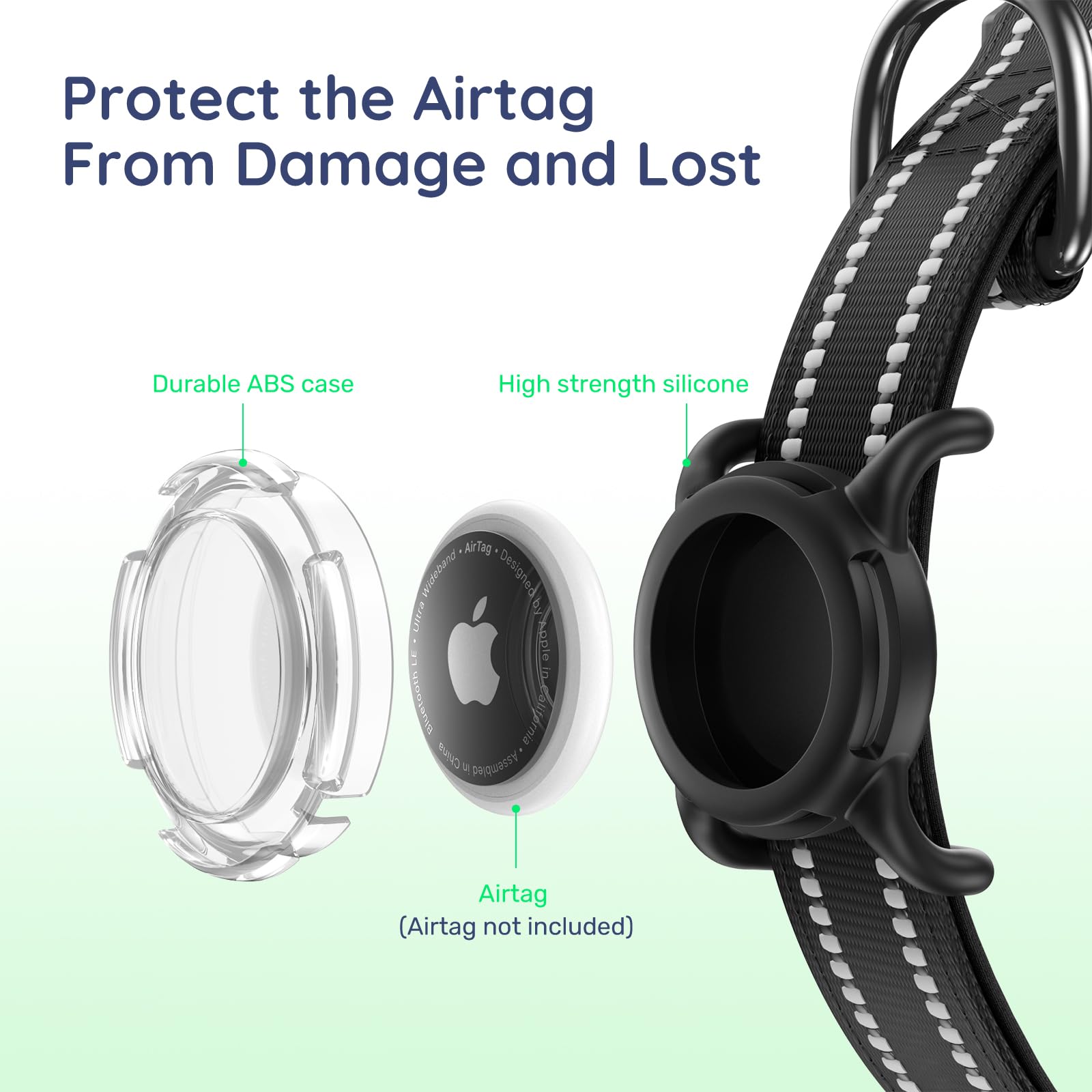 WhoseID Reflective Dog Collar with AirTag Holder - Waterproof, QR Code, Heavy Duty, Black