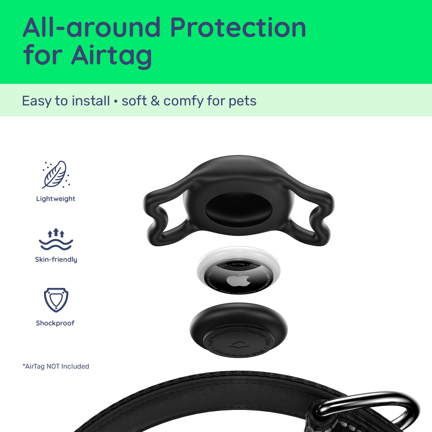 WhoseID Reflective Padded Dog Collar with IP68 Waterproof AirTag Holder – Black, Large (15-24 inches)