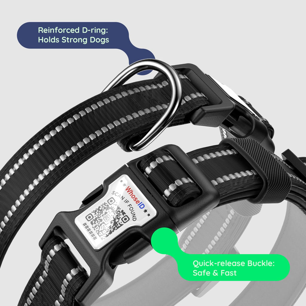 WhoseID Reflective Padded Dog Collar with IP68 Waterproof AirTag Holder – Black, Large (15-24 inches)