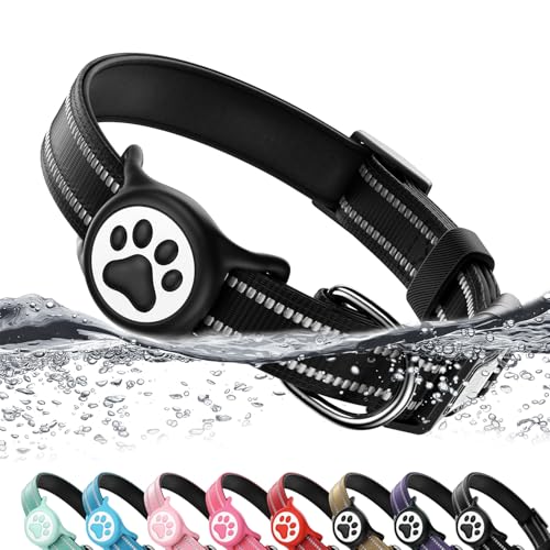 WhoseID Reflective Padded Dog Collar with IP68 Waterproof AirTag Holder – Black, Large (15-24 inches)