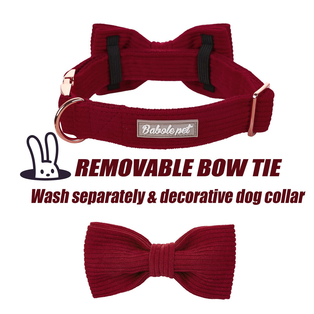 Wine Red Corduroy Dog Collar for Large Dogs - Adjustable with Metal Buckle & Removable Bow Tie