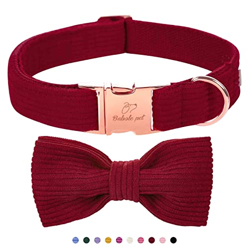 Wine Red Corduroy Dog Collar for Large Dogs - Adjustable with Metal Buckle & Removable Bow Tie