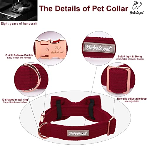 Wine Red Corduroy Dog Collar for Large Dogs - Adjustable with Metal Buckle & Removable Bow Tie