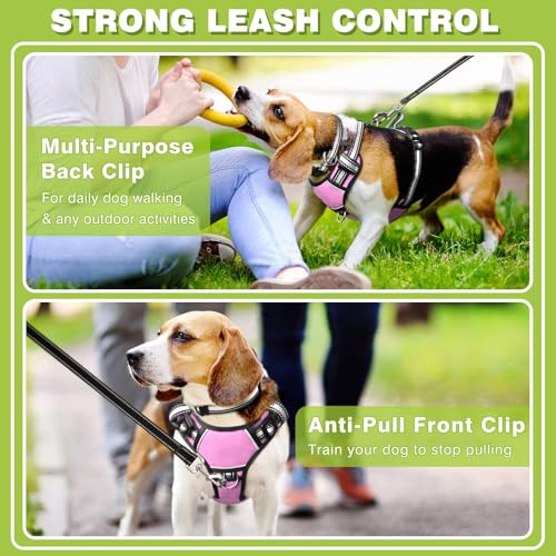 WINSEE No Pull Dog Harness Large - Adjustable Reflective Vest with Handle and Collar - Pink