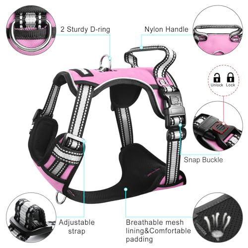 WINSEE No Pull Dog Harness Large - Adjustable Reflective Vest with Handle and Collar - Pink