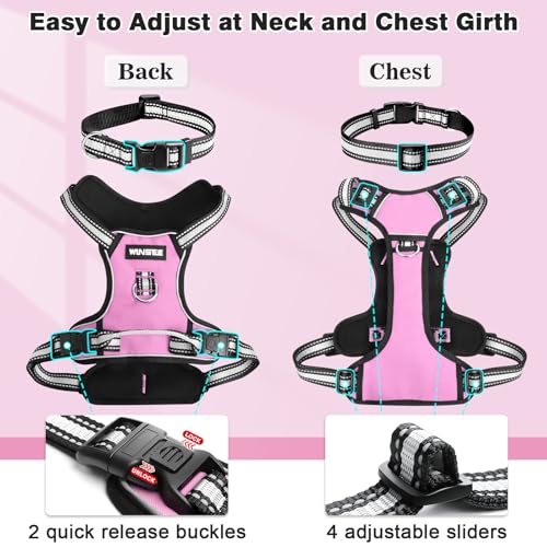 WINSEE No Pull Dog Harness Large - Adjustable Reflective Vest with Handle and Collar - Pink