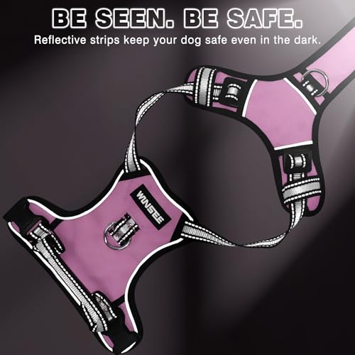 WINSEE No Pull Dog Harness Large - Adjustable Reflective Vest with Handle and Collar - Pink