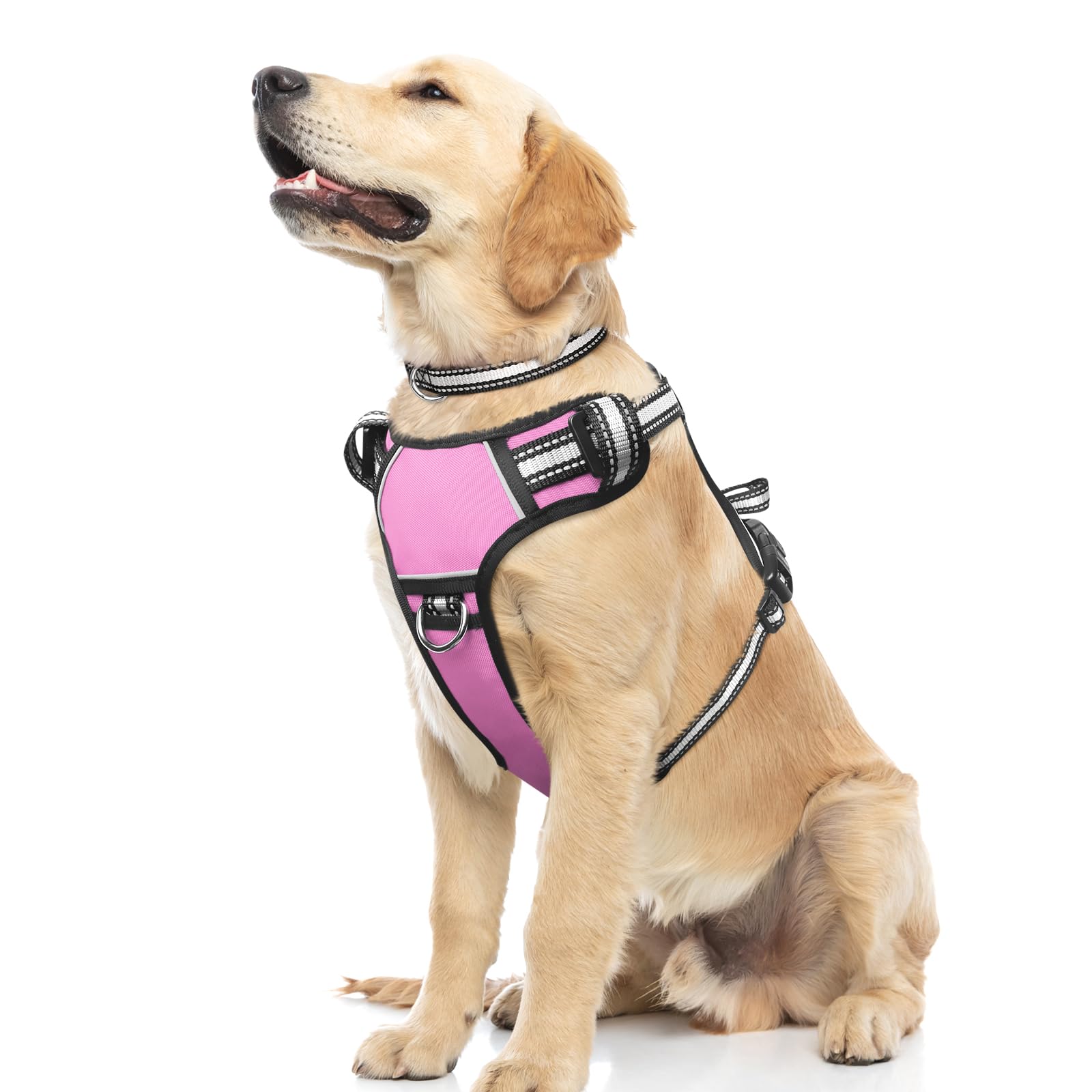 WINSEE No Pull Dog Harness Large - Adjustable Reflective Vest with Handle and Collar - Pink