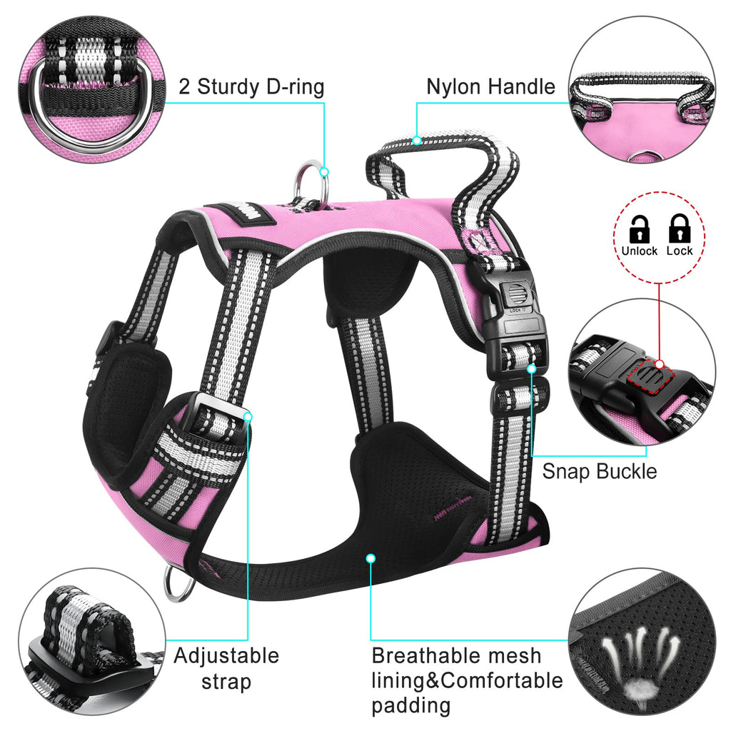 WINSEE No Pull Dog Harness Large - Adjustable Reflective Vest with Handle and Collar - Pink