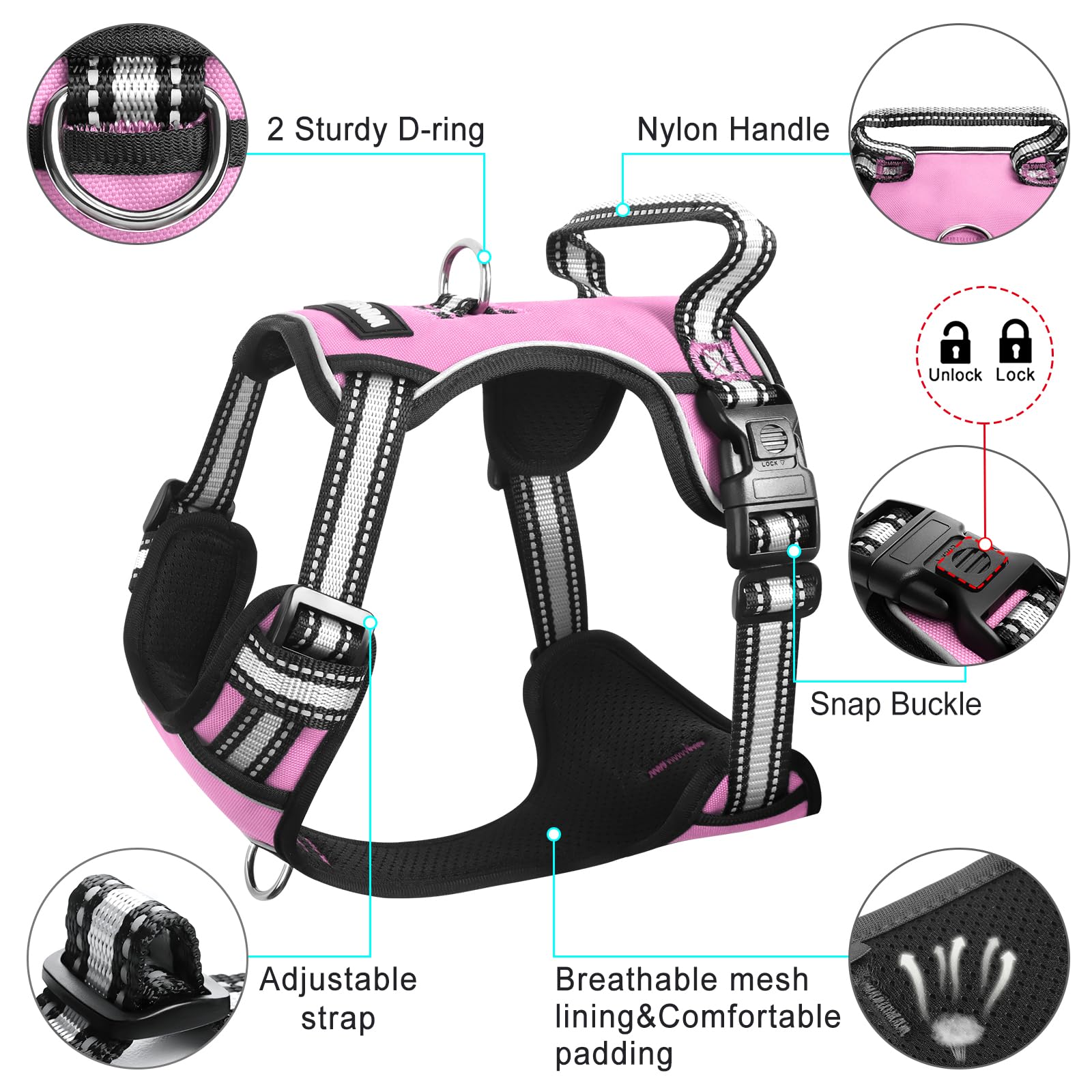 WINSEE No Pull Dog Harness Large - Adjustable Reflective Vest with Handle and Collar - Pink